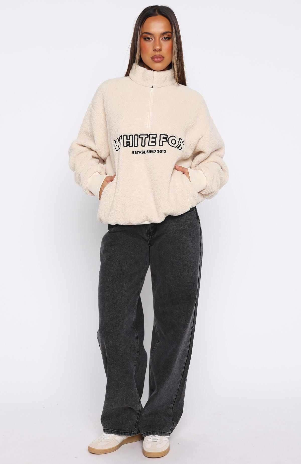 Hard To Stay Focused Teddy Borg Zip Front Sweater CreamL/XL