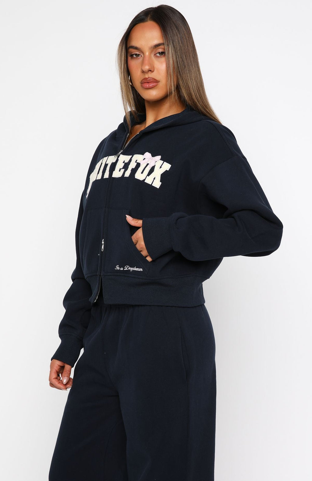 Daydreamers Madeline Boxy Zip Front Hoodie NavyXS/S