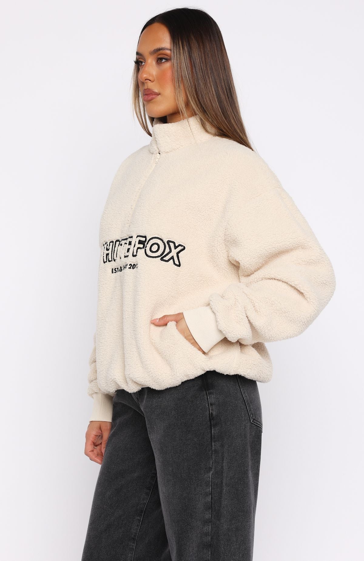 Hard To Stay Focused Teddy Borg Zip Front Sweater CreamS/M