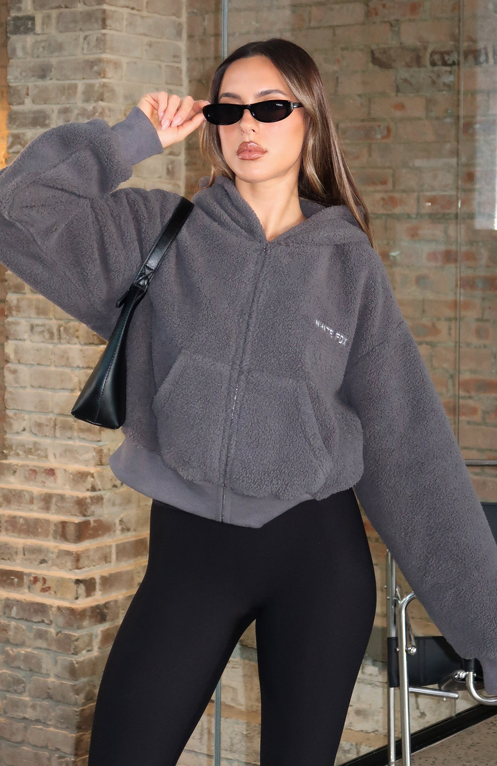 Always First Teddy Borg Boxy Zip Front Hoodie CharcoalM/L
