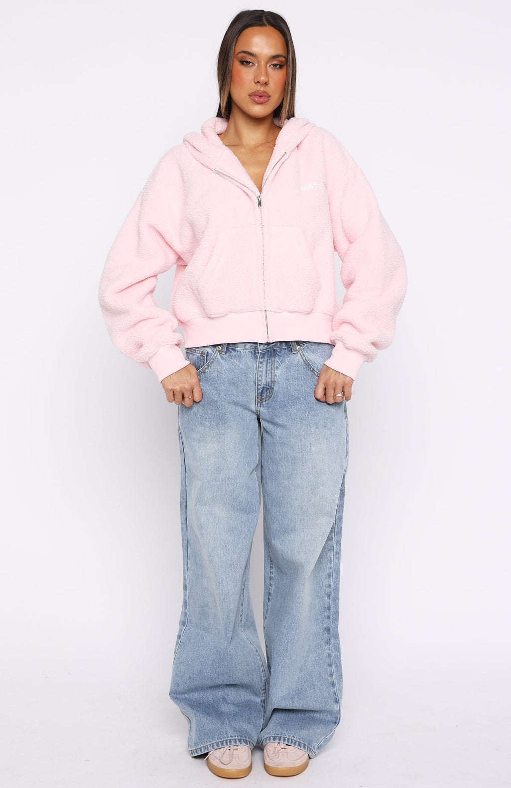Always First Teddy Borg Boxy Zip Front Hoodie PinkL/XL