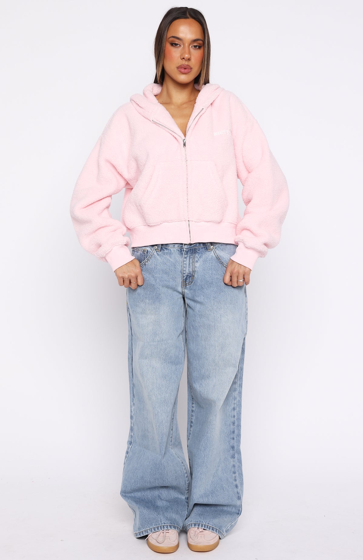 Always First Teddy Borg Boxy Zip Front Hoodie PinkL/XL
