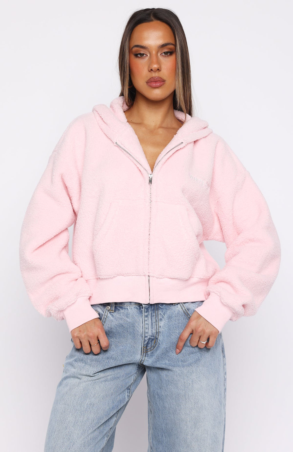 Always First Teddy Borg Boxy Zip Front Hoodie PinkXS/S