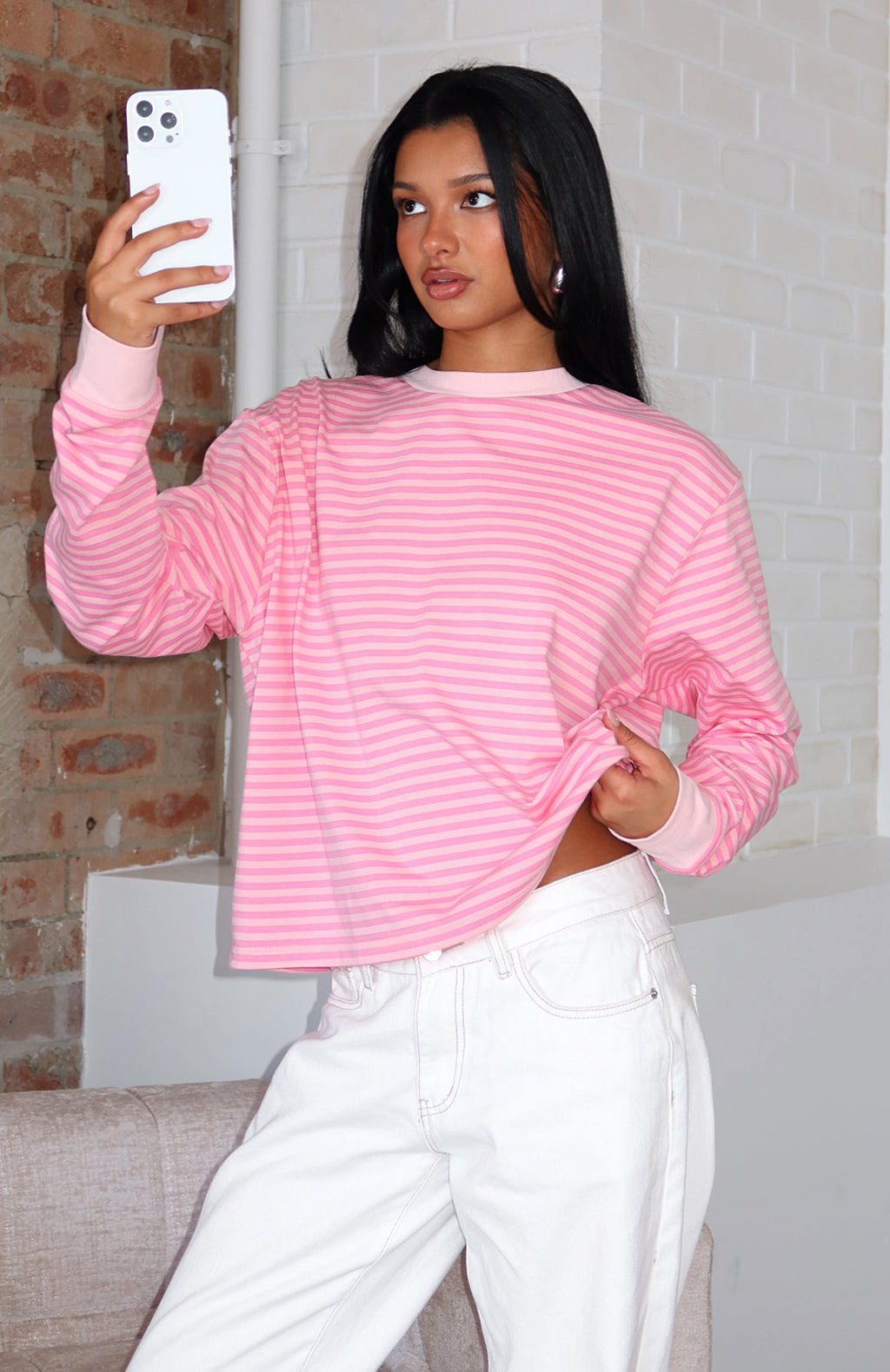 Catch The Drift Long Sleeve Tee Dark Pink\/Light Pink StripeXS/S