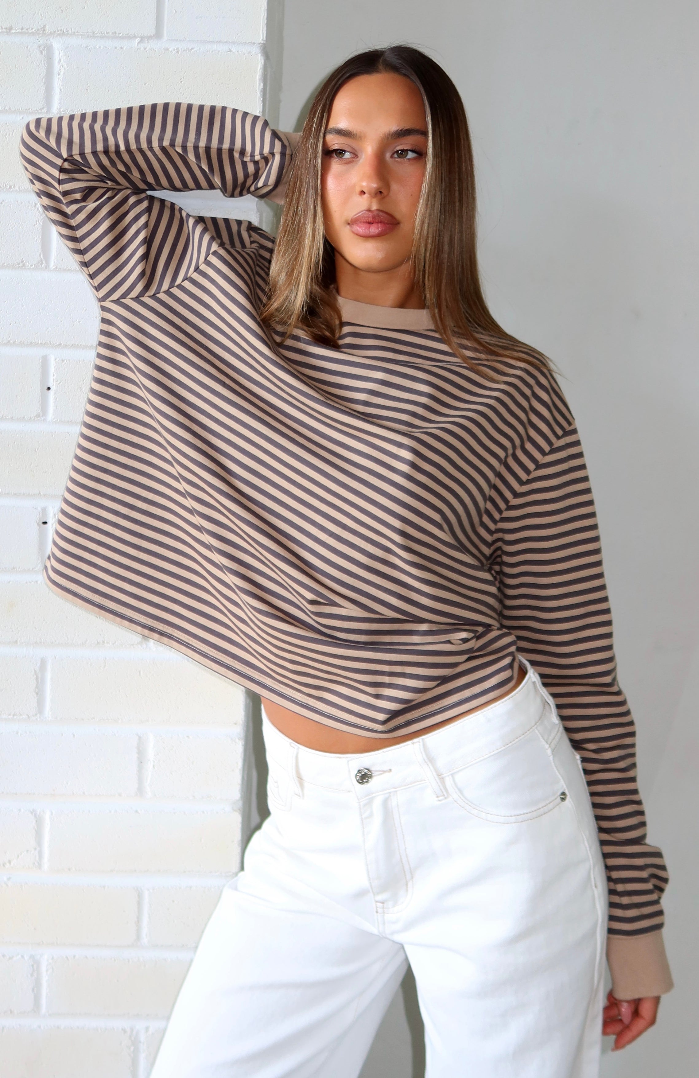 Catch The Drift Long Sleeve Tee Chocolate\/Tan StripeXS/S