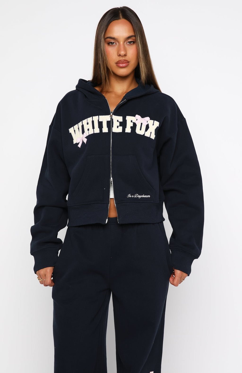 Daydreamers Madeline Boxy Zip Front Hoodie NavyXXS/XS