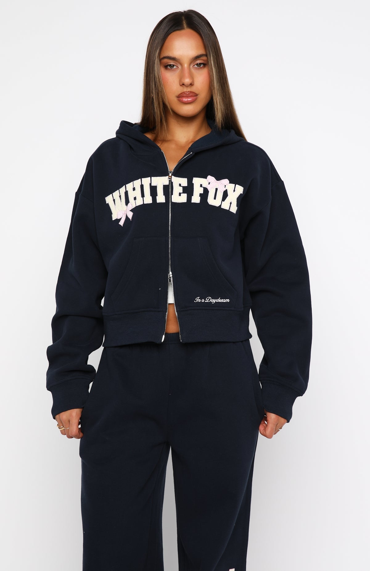 Daydreamers Madeline Boxy Zip Front Hoodie NavyXXS/XS