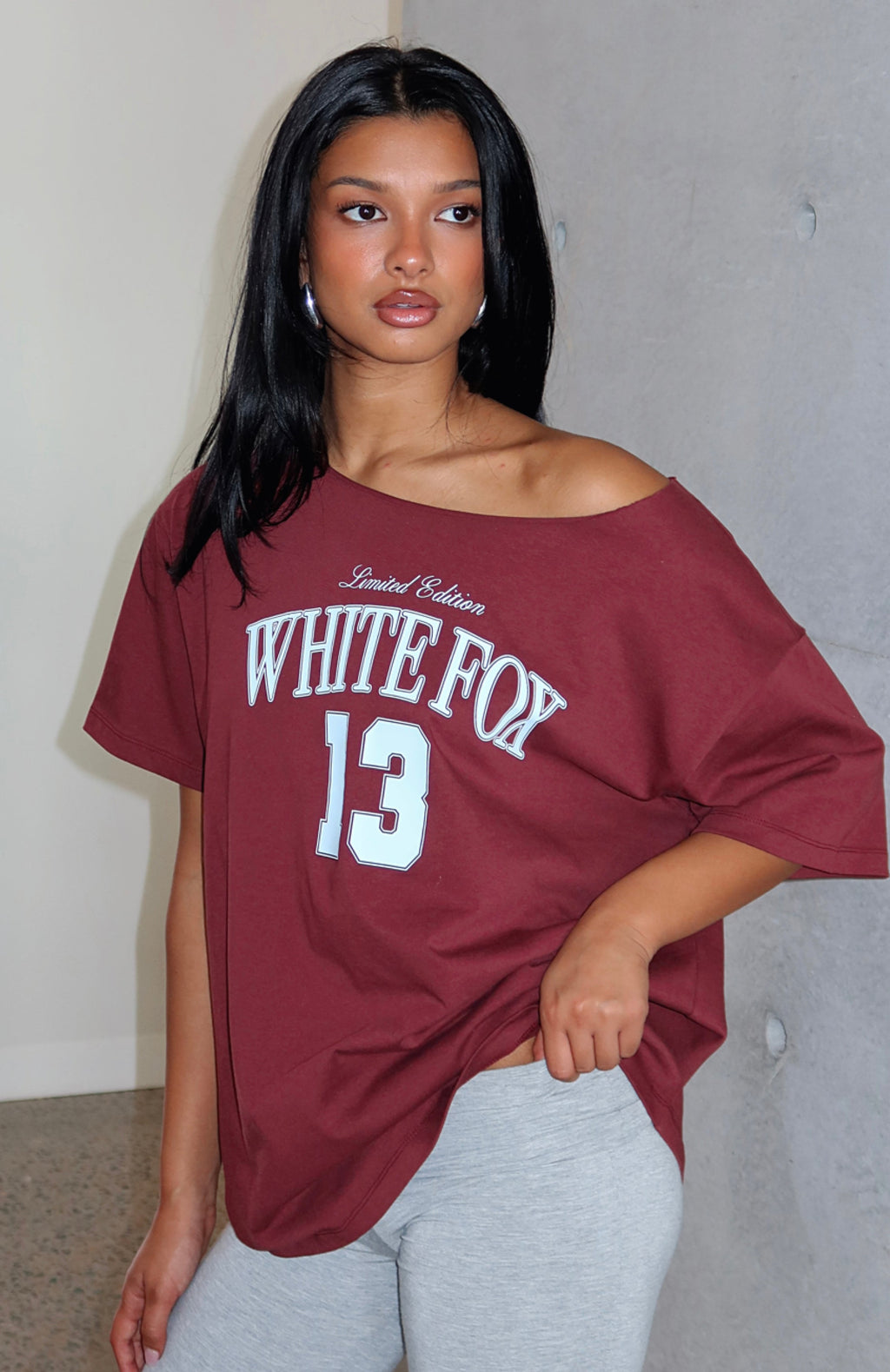 Everything In Time Off Shoulder Oversized Tee BurgundyL/XL