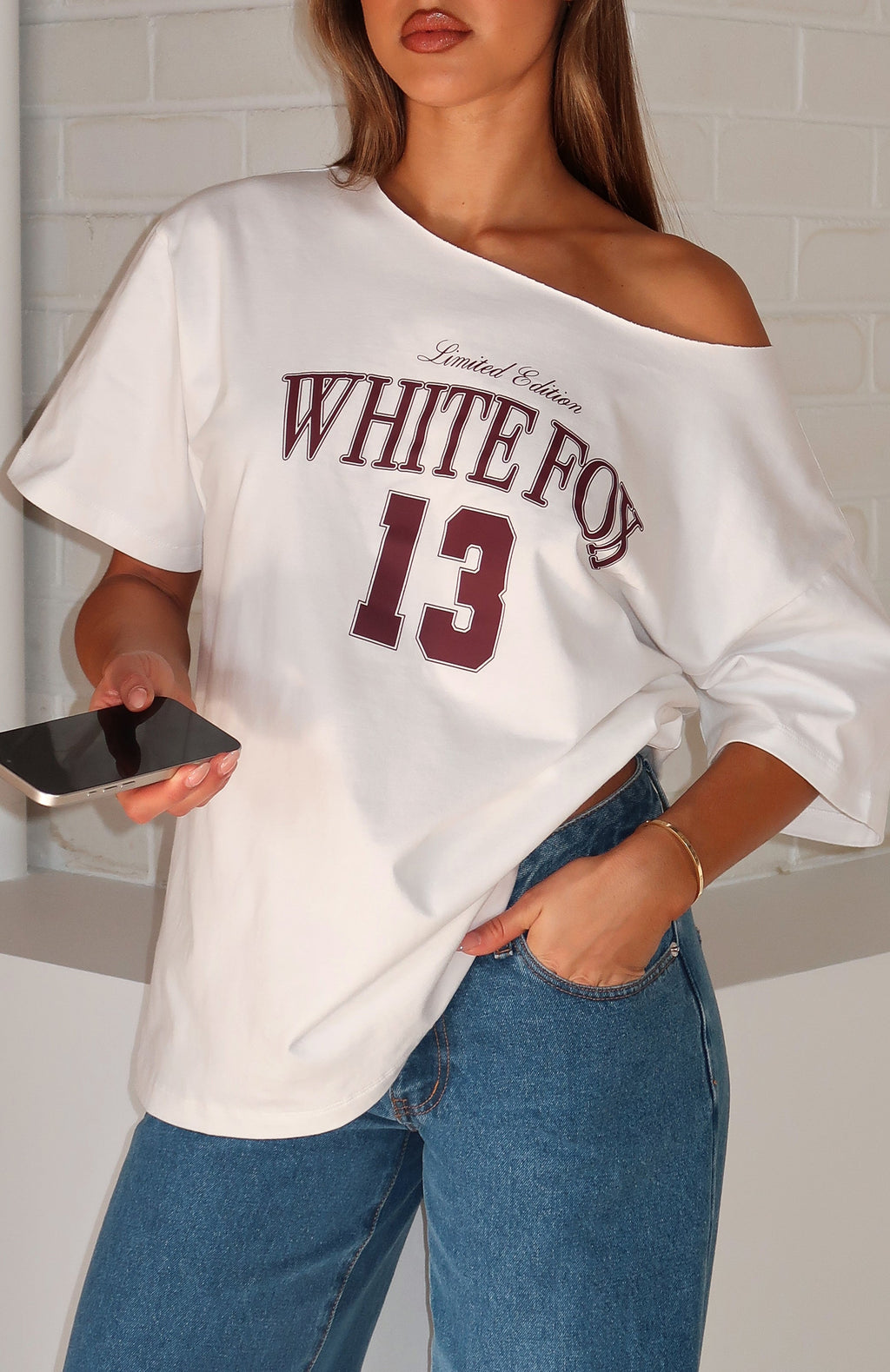 Everything In Time Off Shoulder Oversized Tee WhiteXXS/XS
