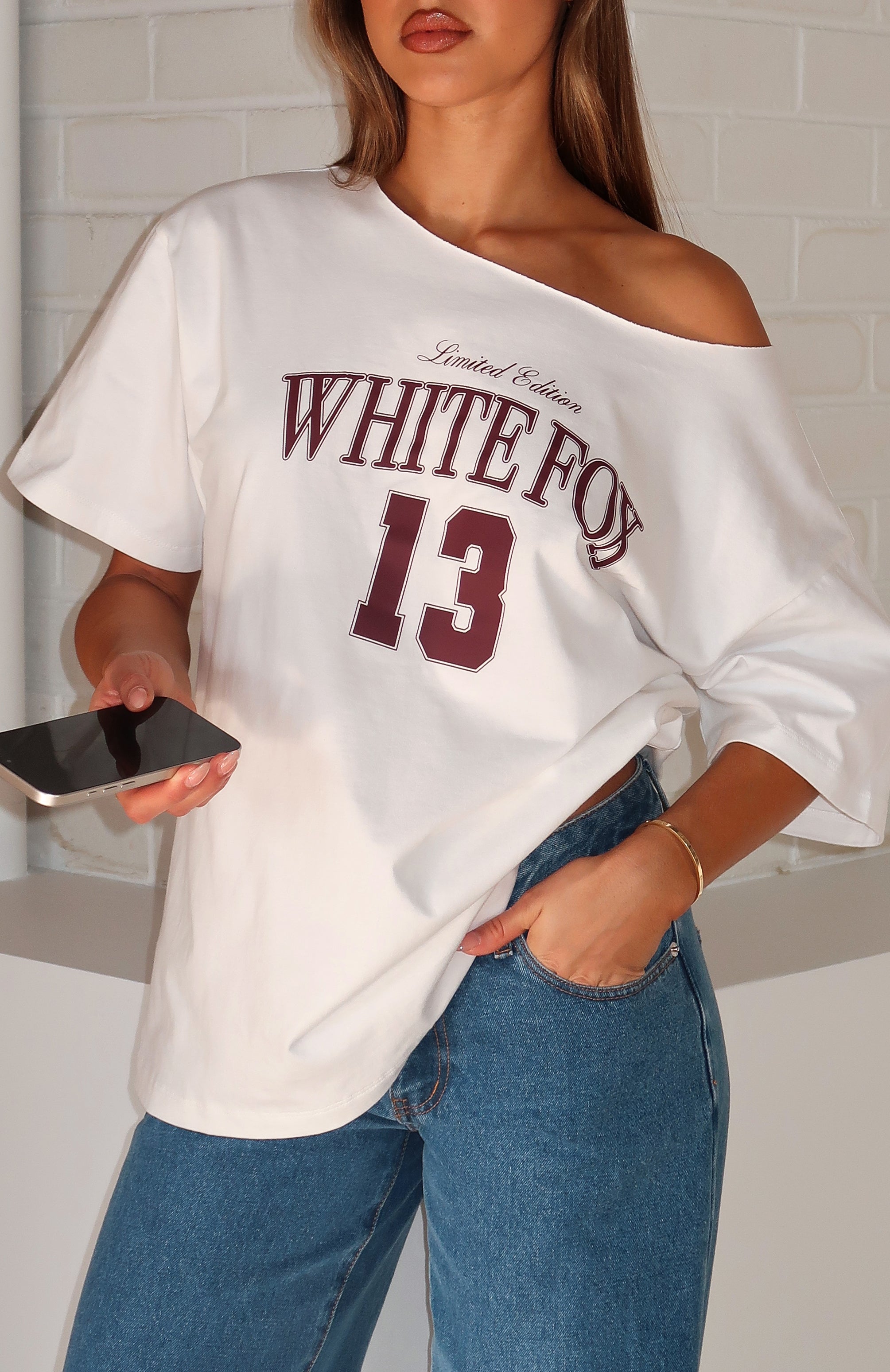 Everything In Time Off Shoulder Oversized Tee WhiteXXS/XS