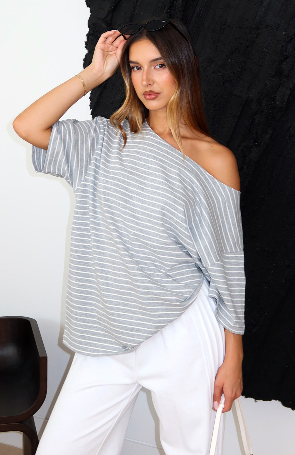 Give Me Options Off Shoulder Tee Grey\/White StripeXXS/XS