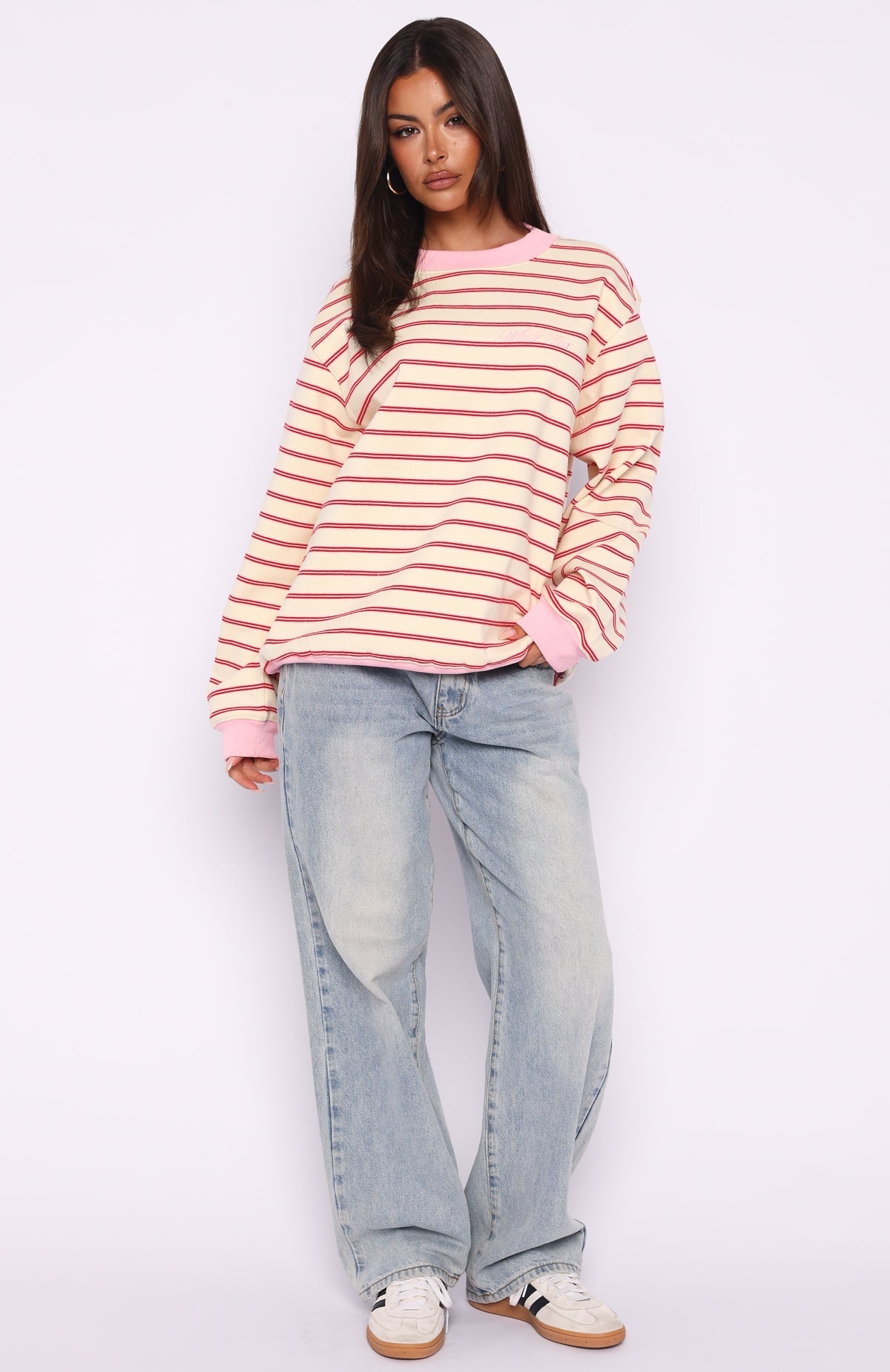 Happy Go Lucky Oversized Sweater Cream\/Red StripeL/XL