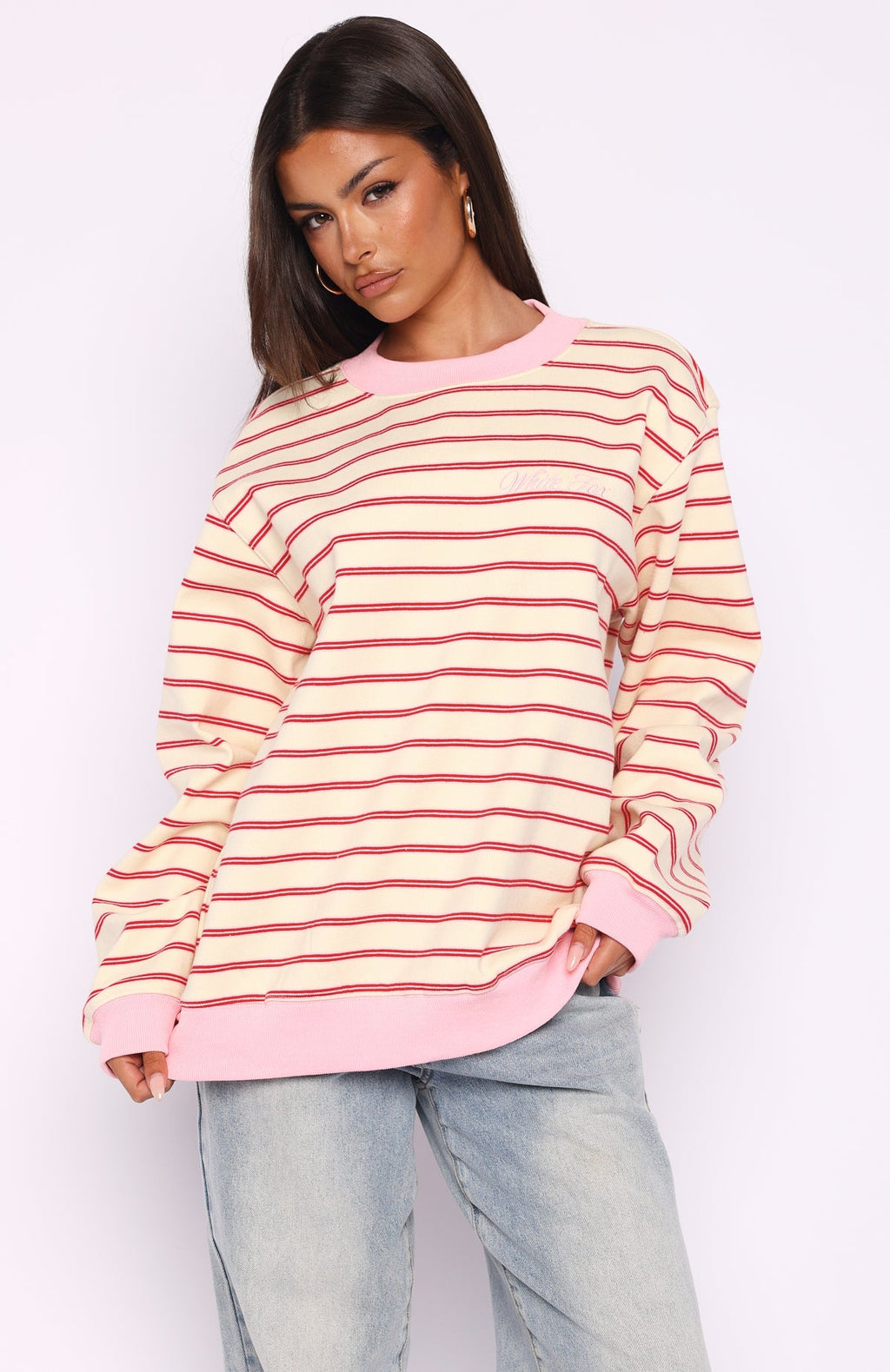 Happy Go Lucky Oversized Sweater Cream\/Red StripeXS/S