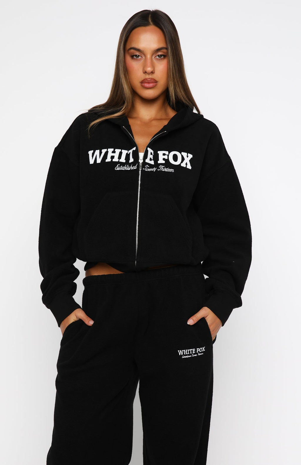 Just For Now Fleece Boxy Zip Front Hoodie BlackXXS/XS