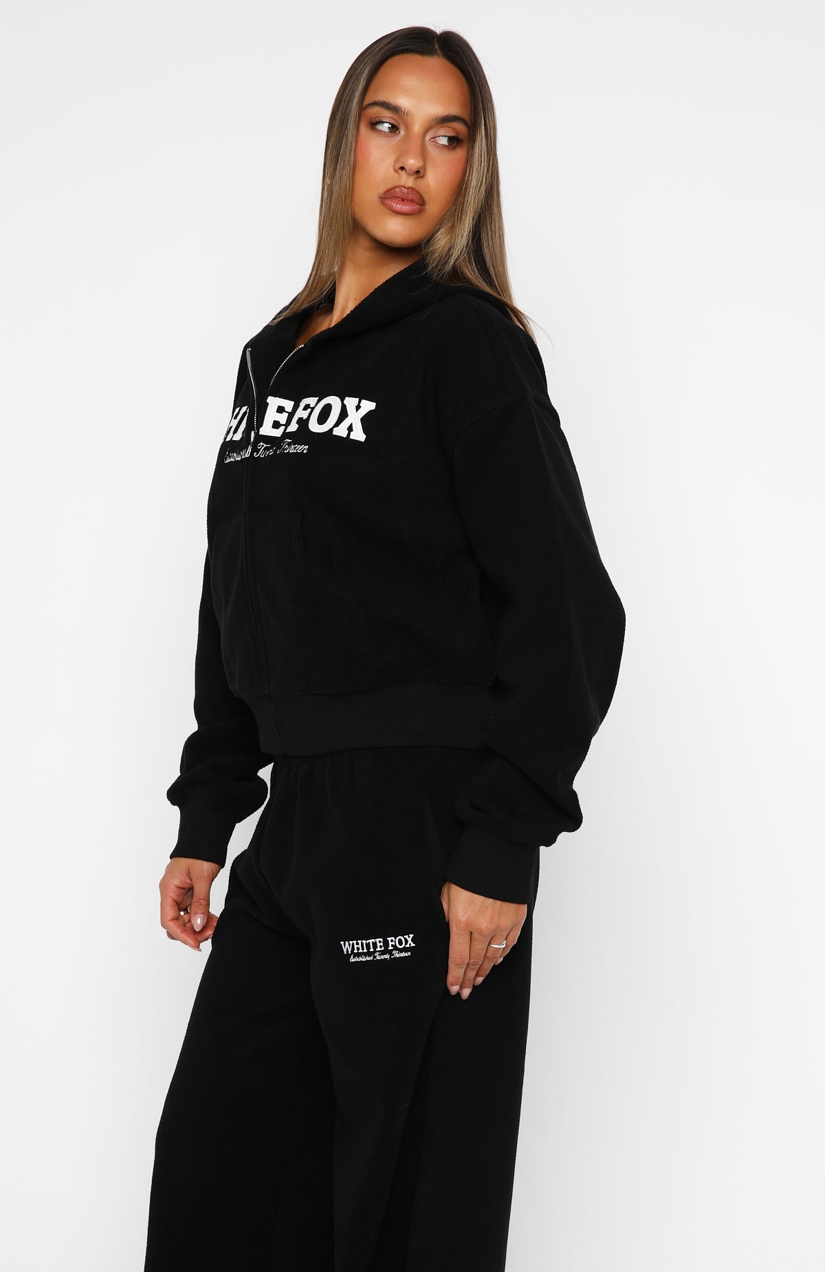 Just For Now Fleece Boxy Zip Front Hoodie BlackXS/S