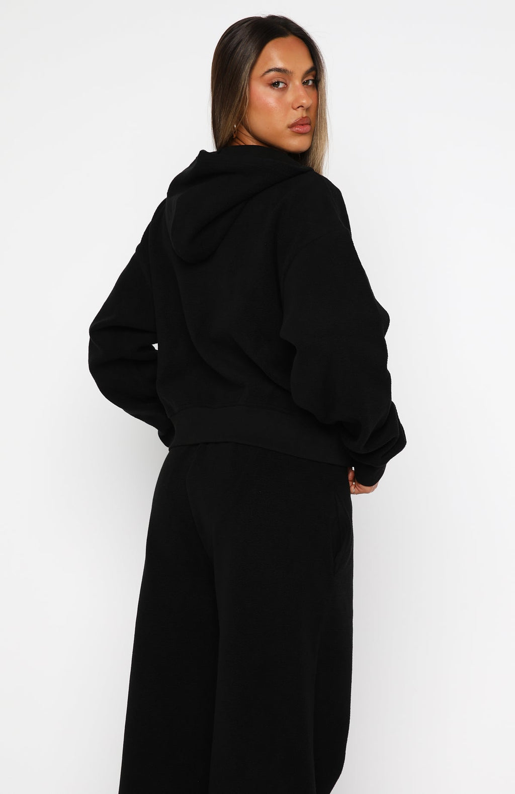 Just For Now Fleece Boxy Zip Front Hoodie BlackS/M