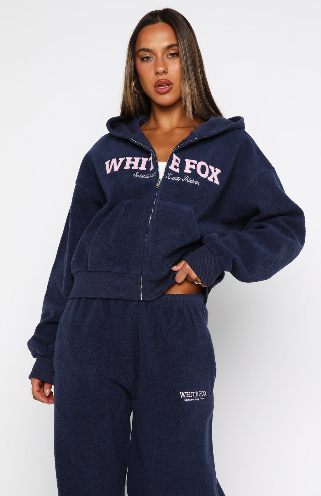 Just For Now Fleece Boxy Zip Front Hoodie NavyXXS/XS
