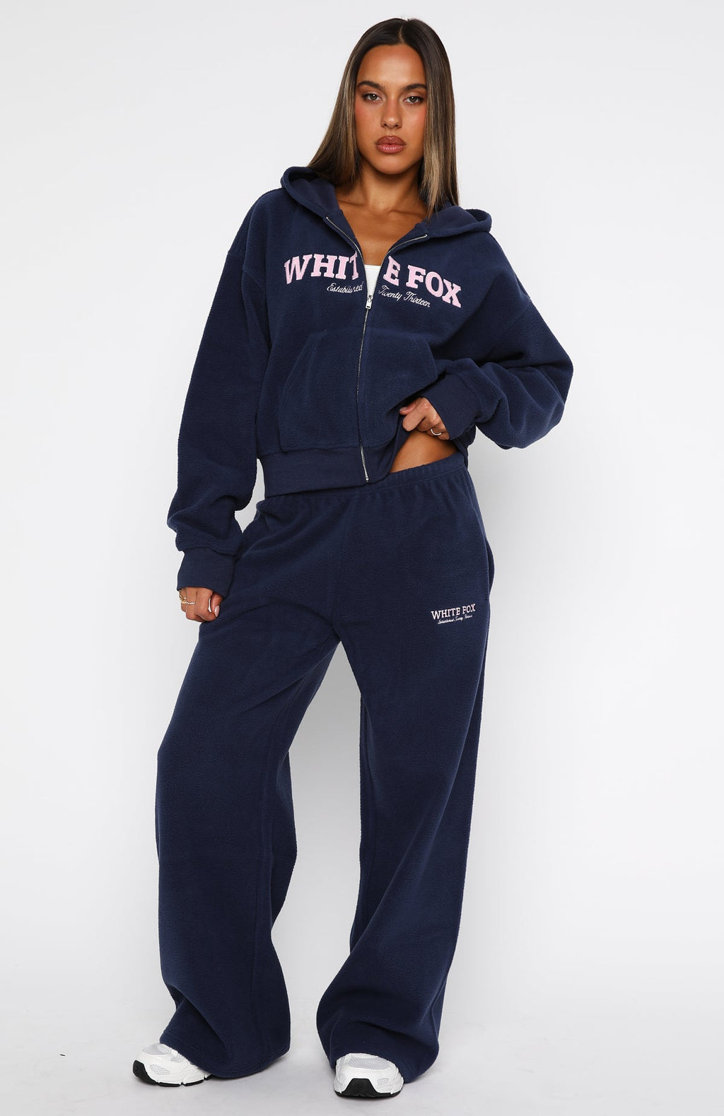 Just For Now Fleece Boxy Zip Front Hoodie NavyM/L
