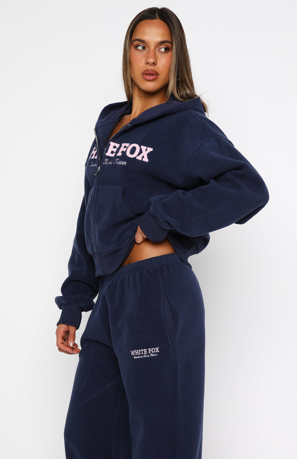 Just For Now Fleece Boxy Zip Front Hoodie NavyXS/S