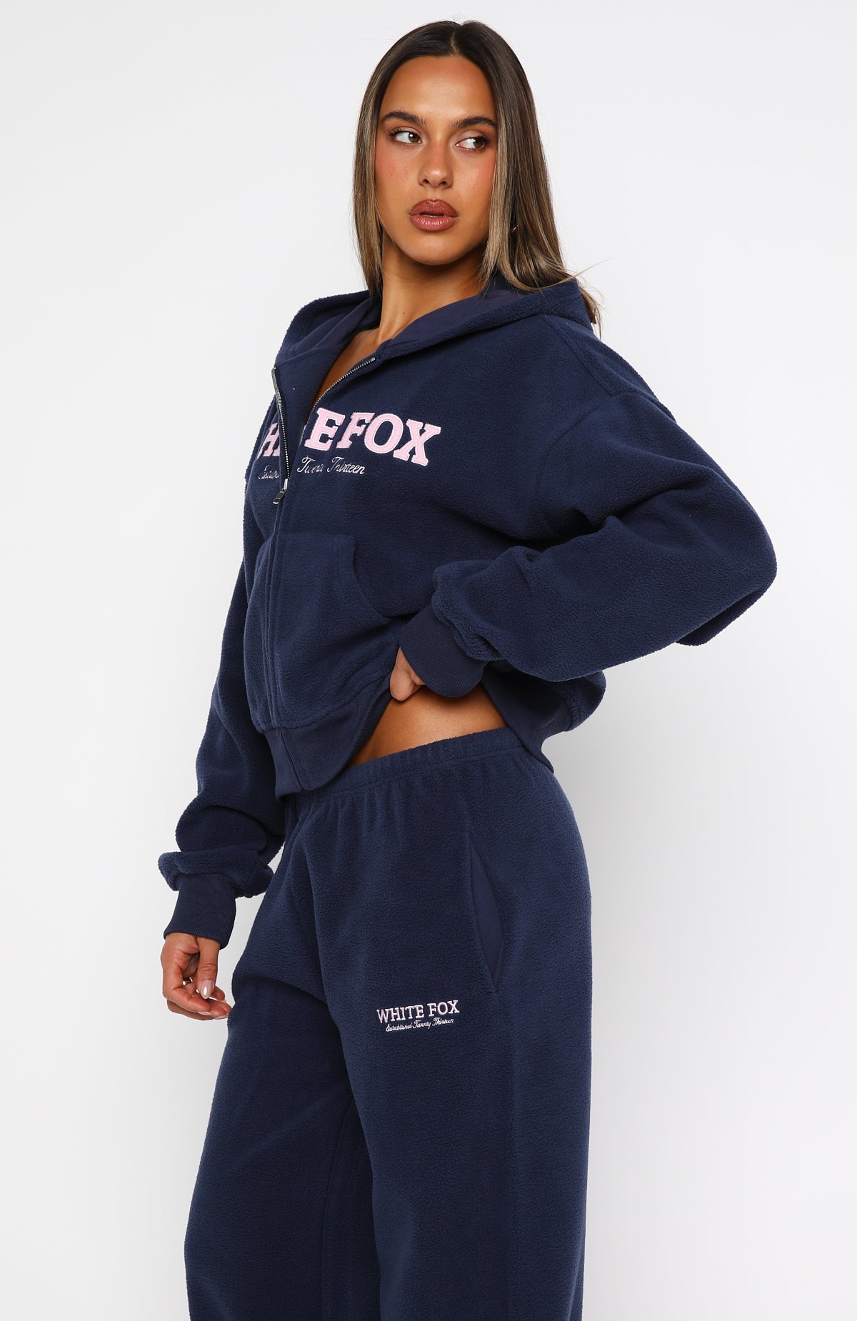 Just For Now Fleece Boxy Zip Front Hoodie NavyXS/S