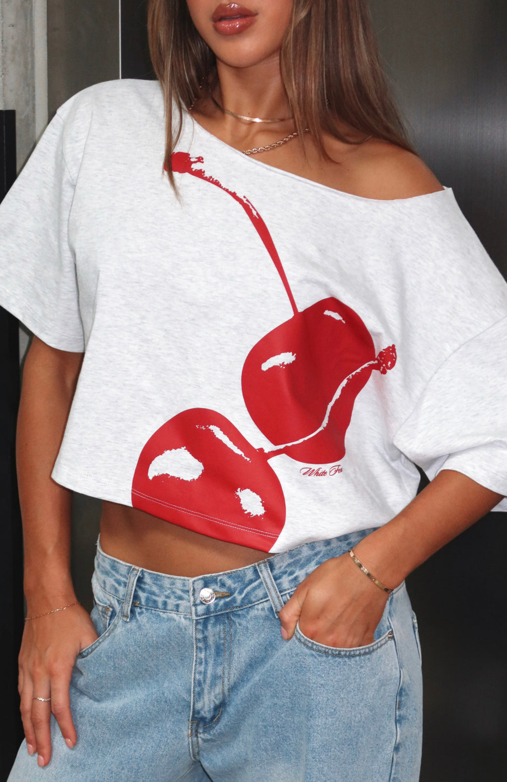 Just In Time Off Shoulder Cropped Tee Grey MarleXXS/XS