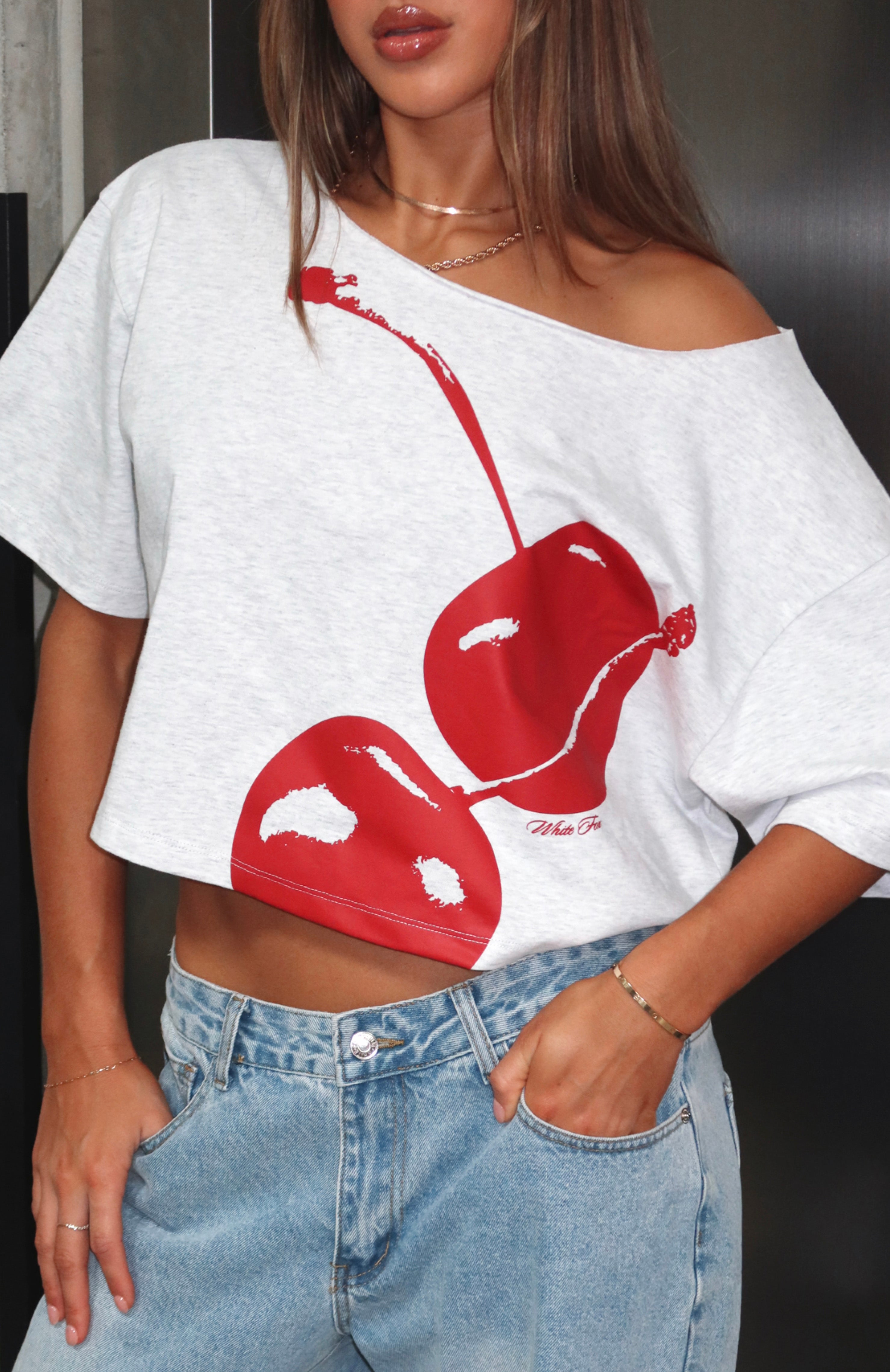 Just In Time Off Shoulder Cropped Tee Grey MarleXXS/XS
