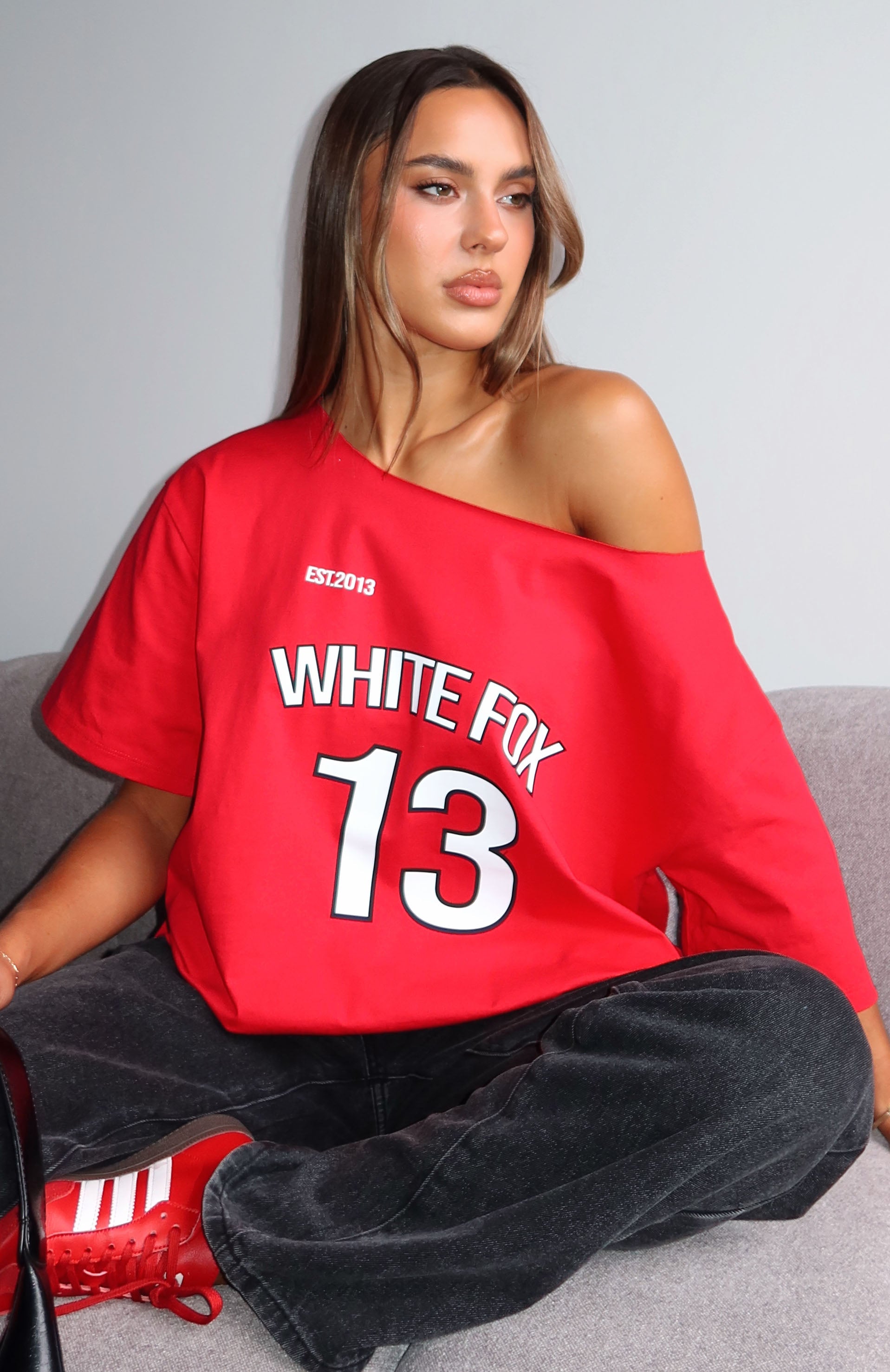 Latest Passion Off Shoulder Oversized Tee RedL/XL