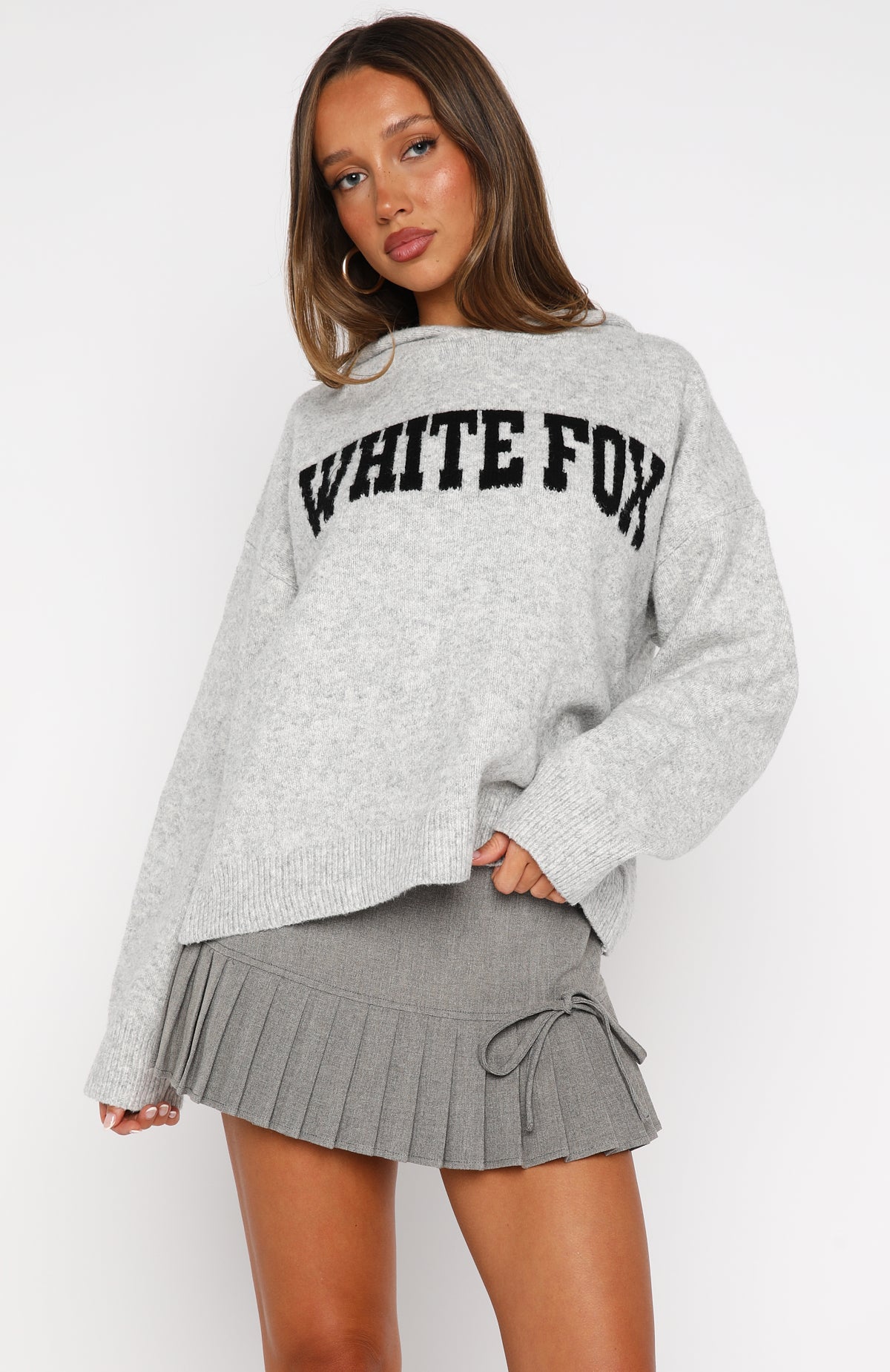 Off To Better Things Oversized Knit Hoodie Light GreyXS/S