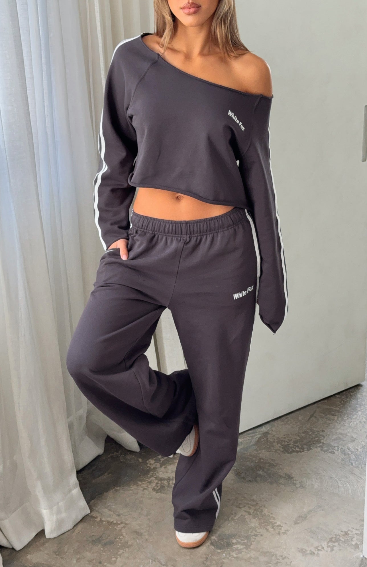 Star Student Cropped Off Shoulder Sweater CharcoalM/L