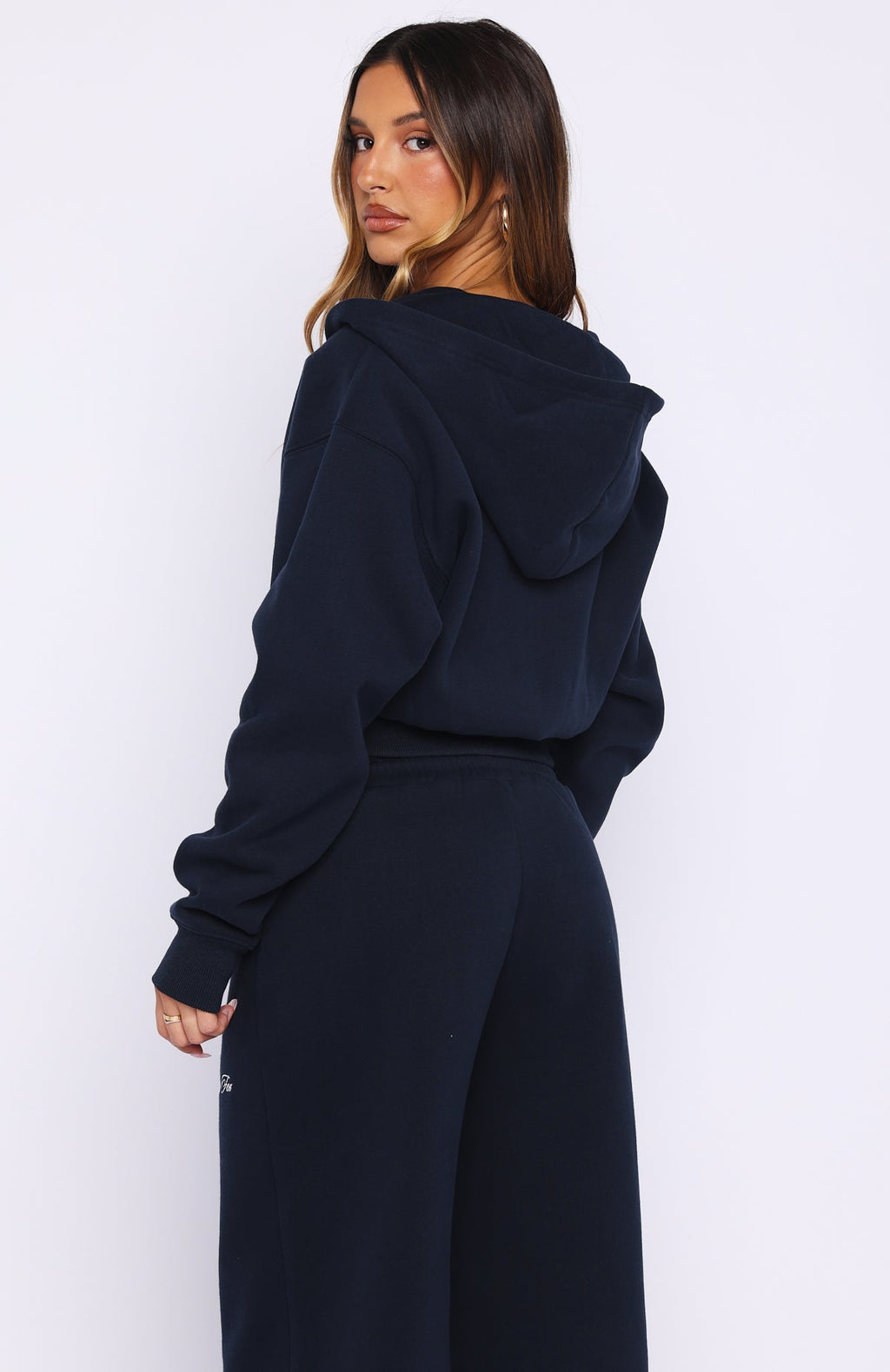Wishing For It Cropped Cinched Zip Front Hoodie NavyS/M