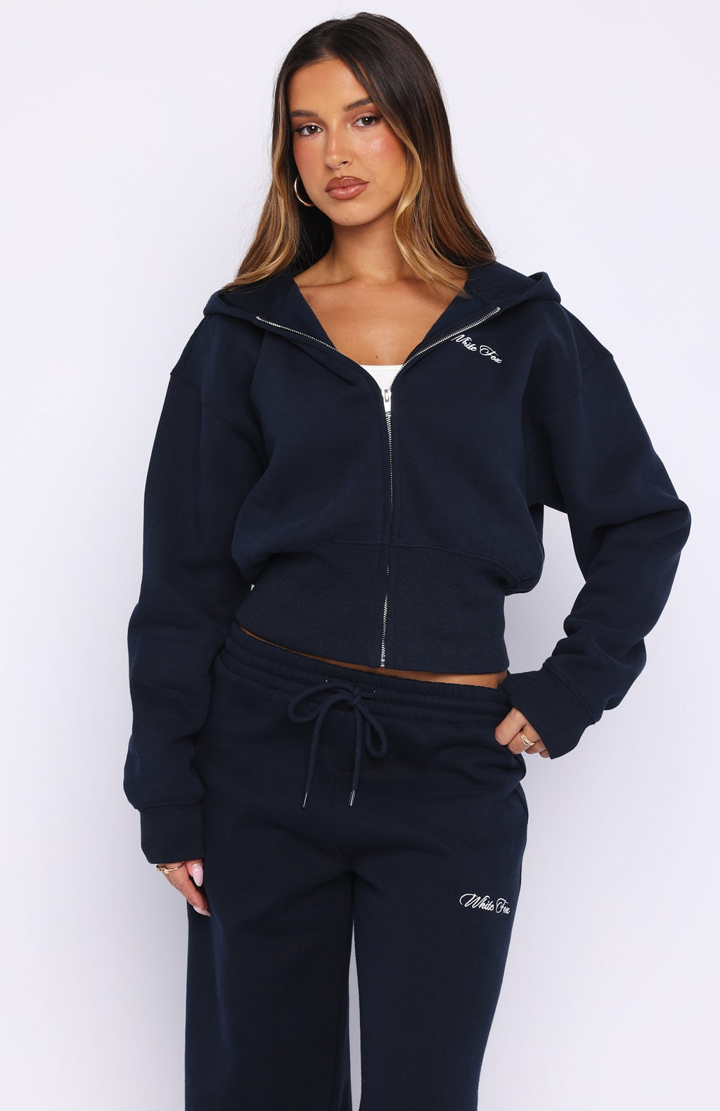 Wishing For It Cropped Cinched Zip Front Hoodie NavyL/XL