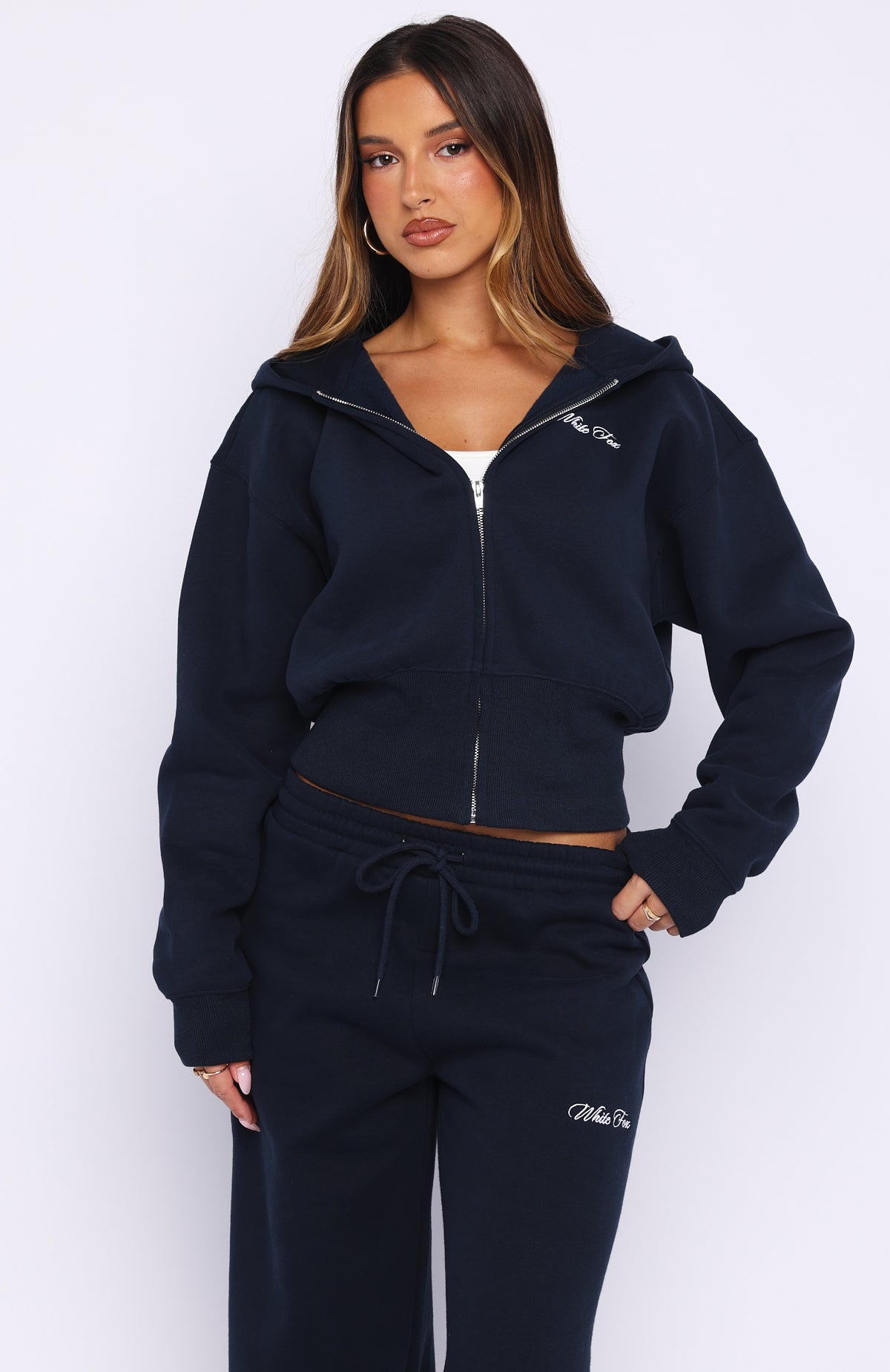 Wishing For It Cropped Cinched Zip Front Hoodie NavyL/XL