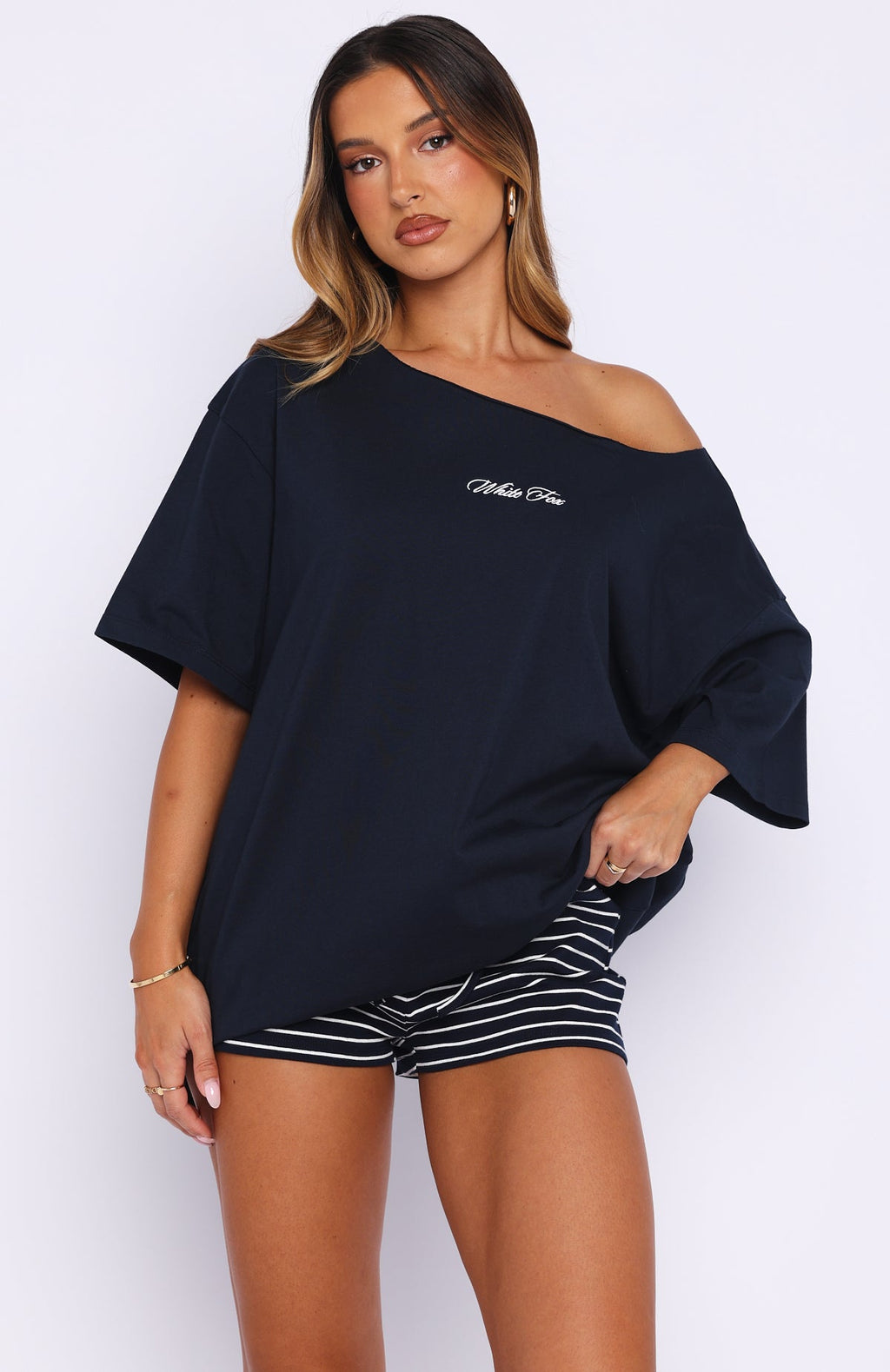Wishing For It Off Shoulder Oversized Tee NavyL/XL