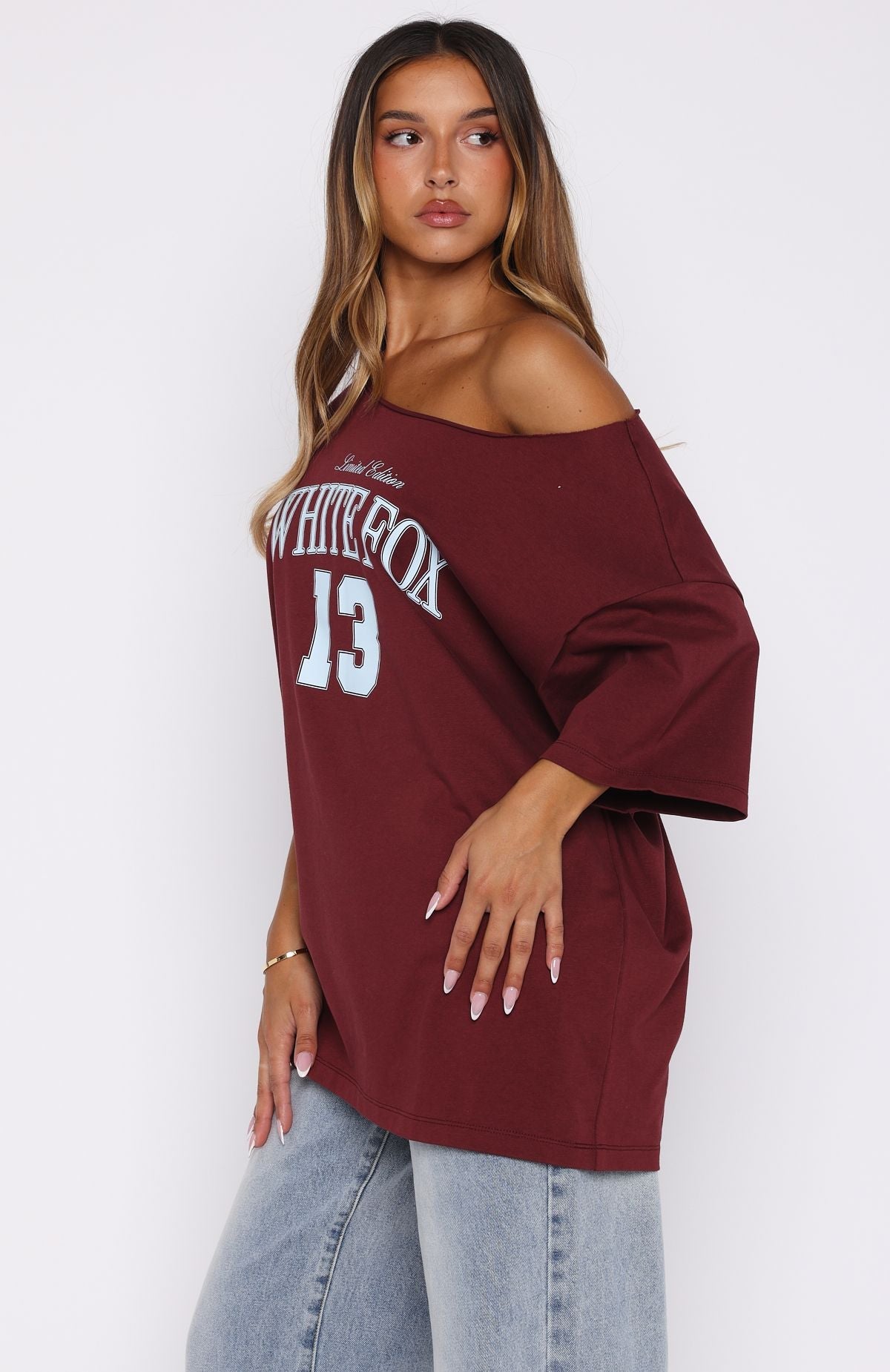 Everything In Time Off Shoulder Oversized Tee BurgundyXS/S