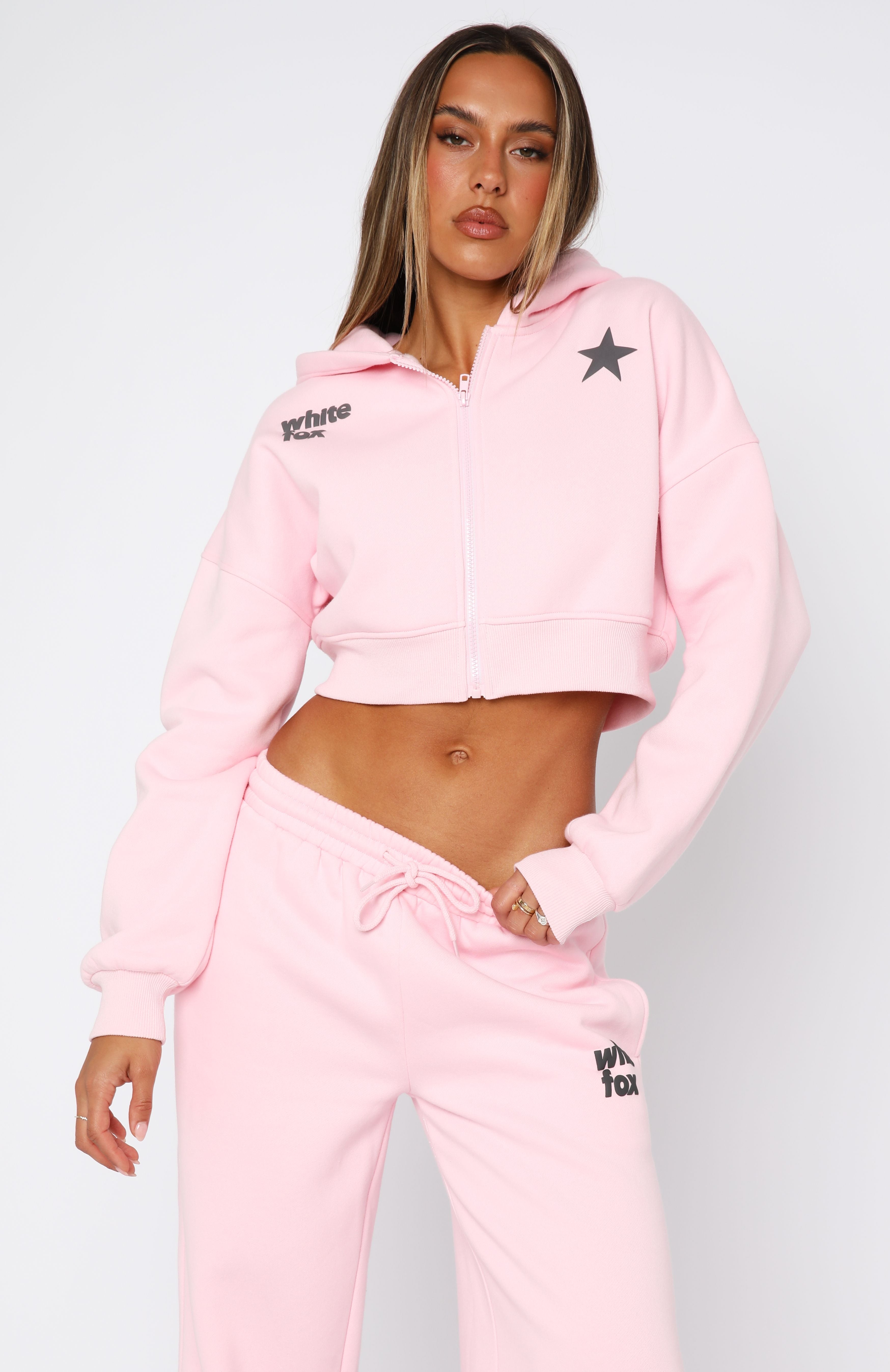 From The Archives Charli Cropped Zip Front Hoodie PinkXS/S