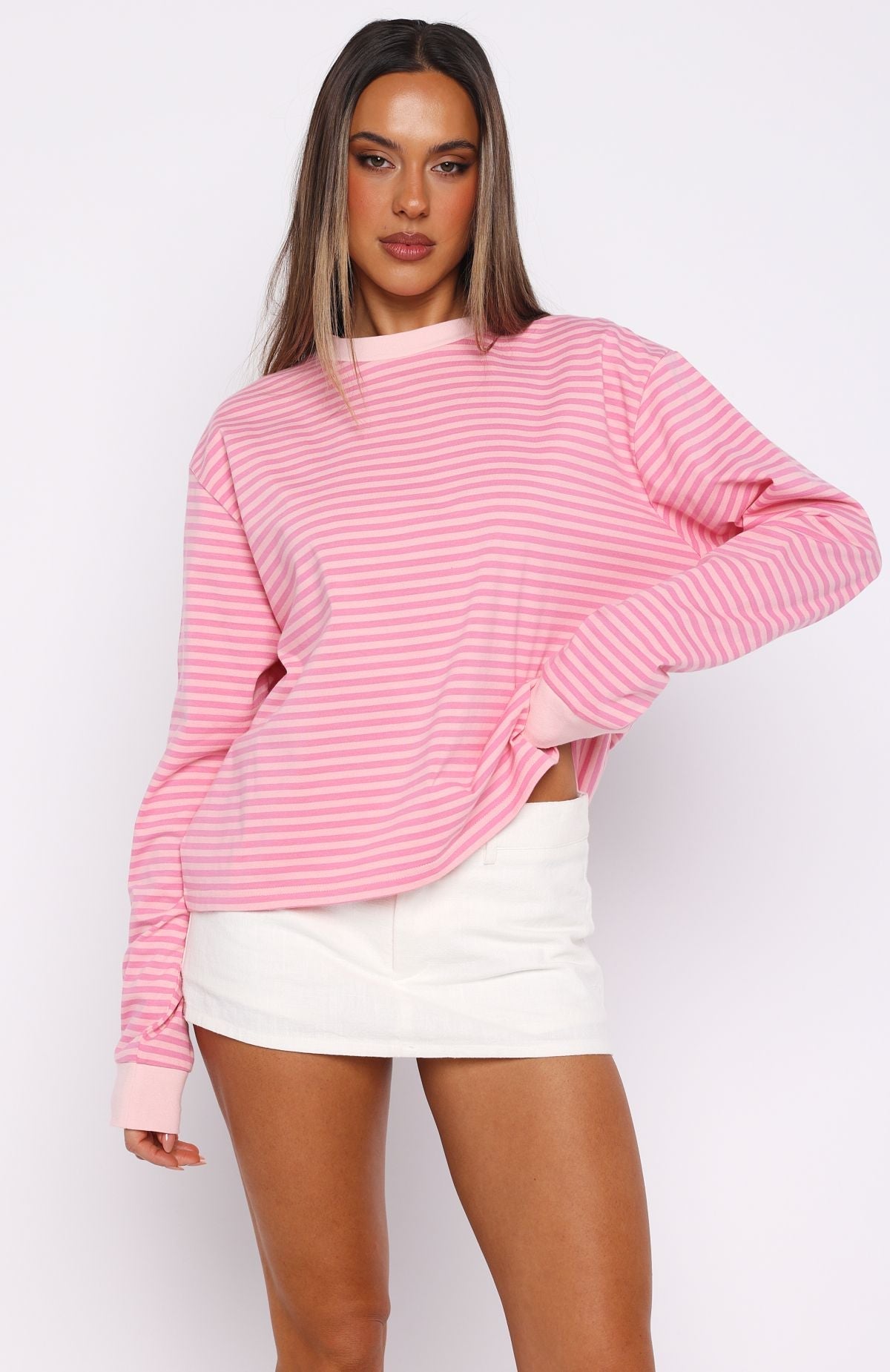 Catch The Drift Long Sleeve Tee Dark Pink\/Light Pink StripeS/M